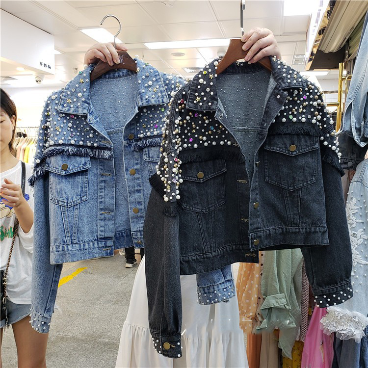 Women's Jackets Retro Heavy Industry Beaded Tassel Jean Jacket Female Spring Short Paragraph Denim Jacket Black Casual Jeans Jackets 230426