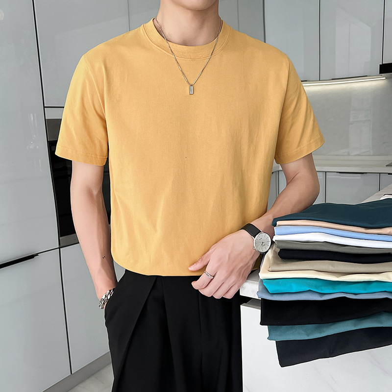 Men's T-Shirts Candy Color Men's Summer Round Neck T-shirt Fashion Cotton Short Sleeve Casual Simple Solid Tees Tops Streetwear 12color Homm