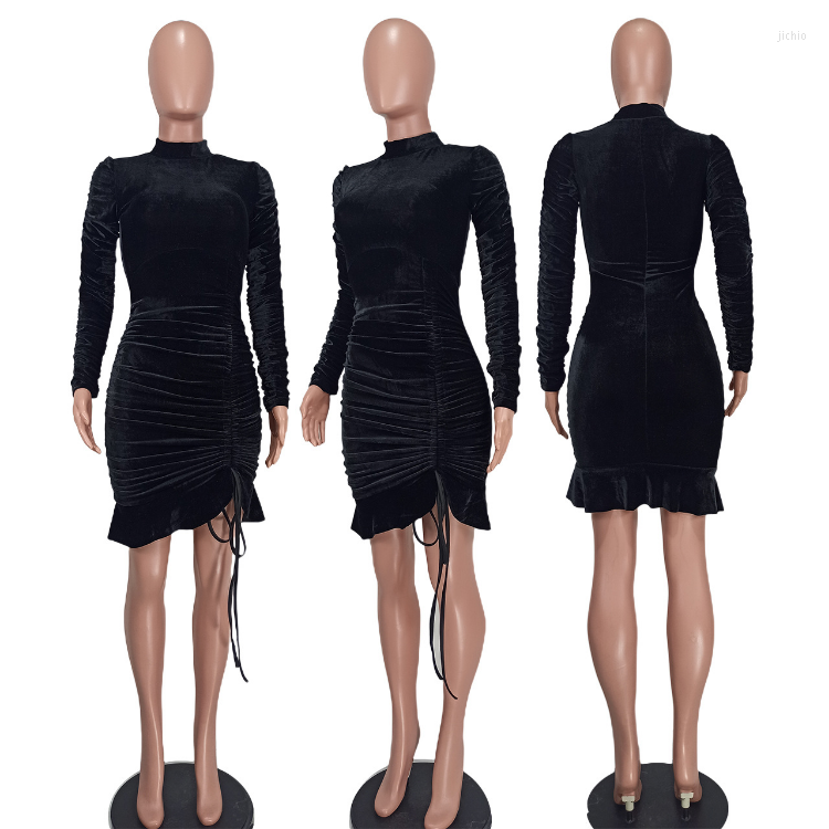 Casual Dresses KEXU Christmas Women Velvet Drawstring Ruched Up Stacked Turtleneck Long Sleeve Ruffles Hem Bodycon Mini Dress Vestidos