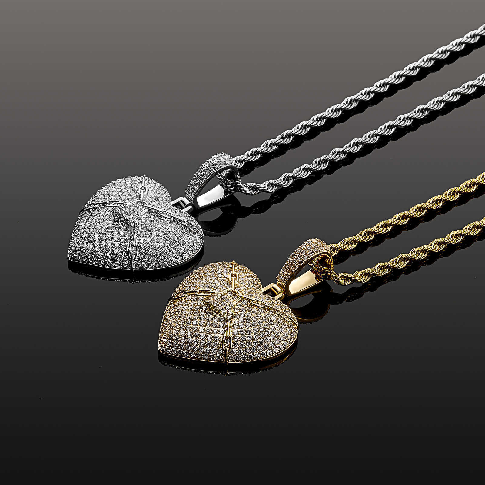 Hip Hop Zirconium Full Lock Love Heart Pendant Necklace Link Chain For Men And Women Rap Fashion Accessories 14k Real Gold Wolf TideJewelry Gemstone B
