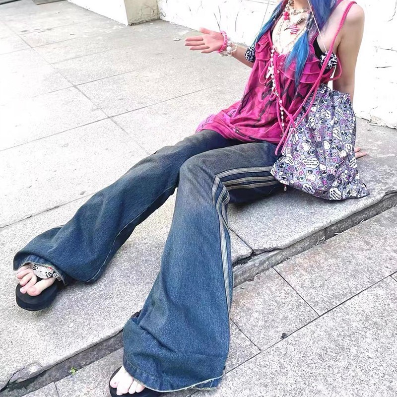 Women's Shorts Karrram Grunge High Waist Flare Jeans Vintage Striped Denim Pants Y2k Harajuku Bell Bottom Jeans 2000s Skinny Mopping Jeans 90s 23