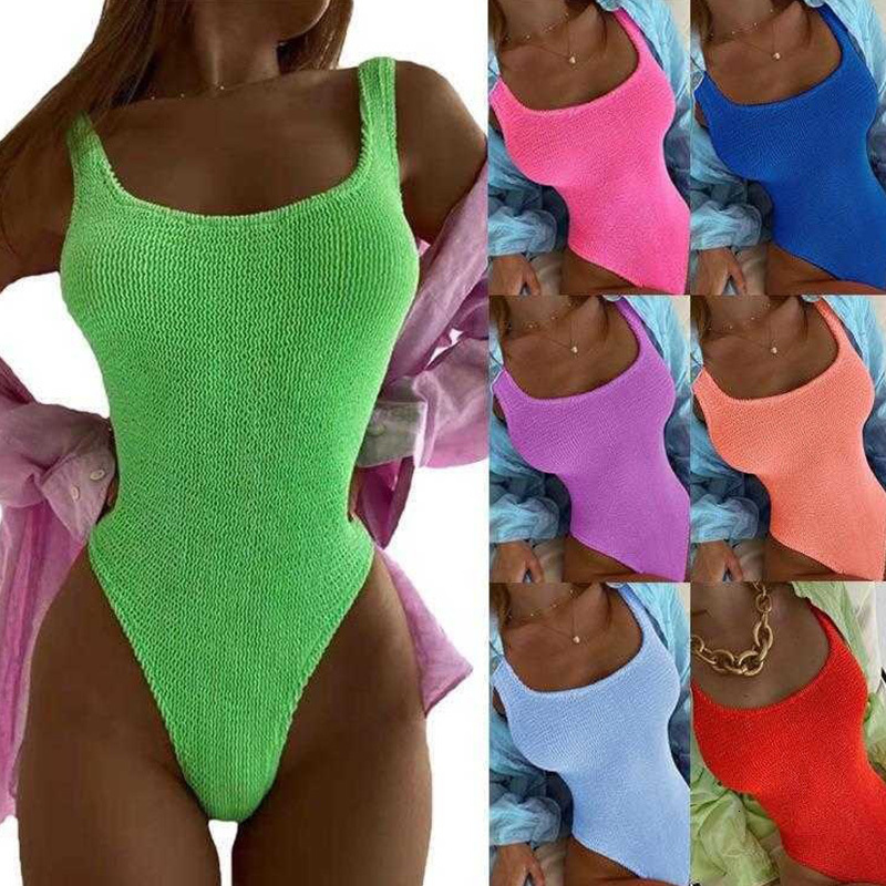 Crinkle Women's Swimwear Fabric Cloth Wavy Strip Bikini Candy Color Swimsuit For Women Fluorescent Pleated 2