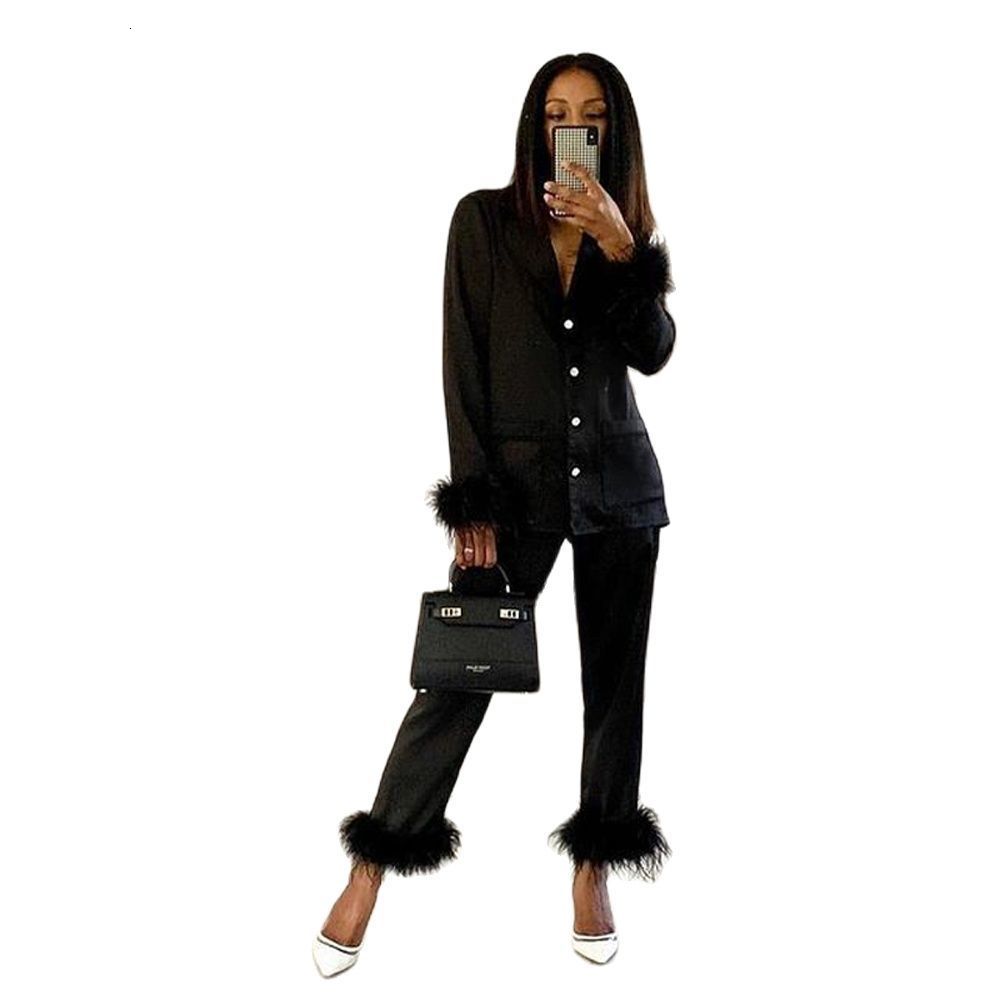 Women's Sleepwear Trendy Women Pajamas Set Autumn Casual Lapel Tops Feather 2Pcs Pants Suits Sexy Lingerie Nightwear Silk Satin Pyjamas pjs Suit 