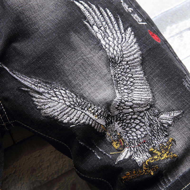 Men's Shorts Summer Fashion Men's Denim Shorts Chinese Style Embroidery Classic Black Stretch Slim Casual Short Jeans Trend Streetwear Male 