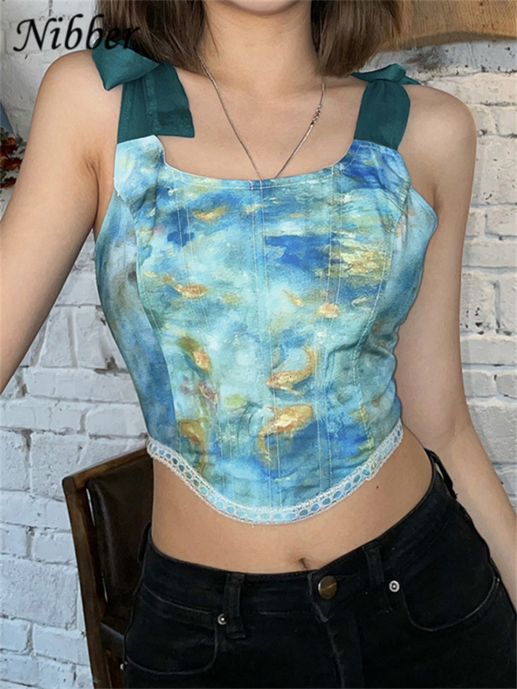 Camisoles Tanks Nibber Fairy Top Y2K Retro Aesthetic Printed Crop Top Women Elegant Bandage Tank Top Skinny Clubwear Camisole Summer Deals 230426