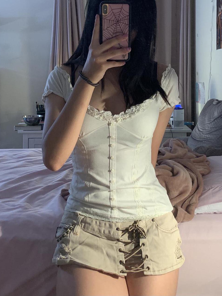 Women's T-Shirt Rapcopter y2k Frill Crop Top Button Short Sleeve Cute Sweet Tee Women Vintage Basic Casual T Shirt Women Summer Chic Korean Tops 