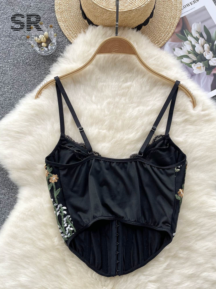 Camisoles Tanks SINGREINY Embroidery Strap Camisole Women Summer Retro French Elastic Waist Lace Female Backless Slim Streetwear Tank Tops 230426