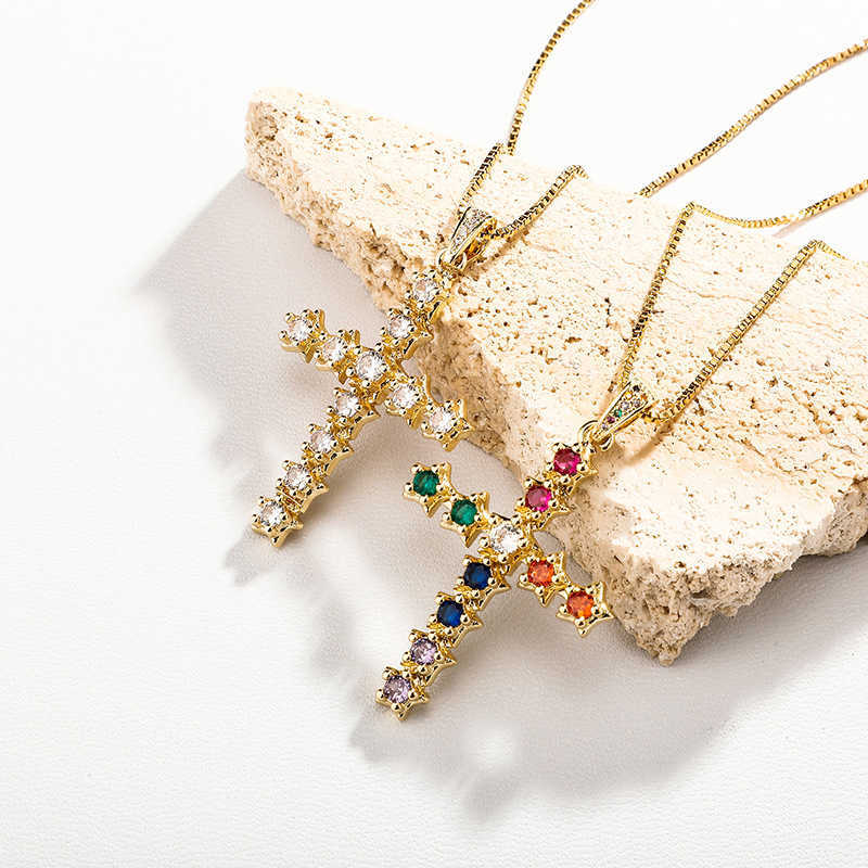 Colorful Full Crystal Spliced Cross Pendant Necklace Iced Out Multi Color Womens Ins Hip Hop Brilliant Starry Sky CZ Stones Jewelry Bijoux Gift For Wo