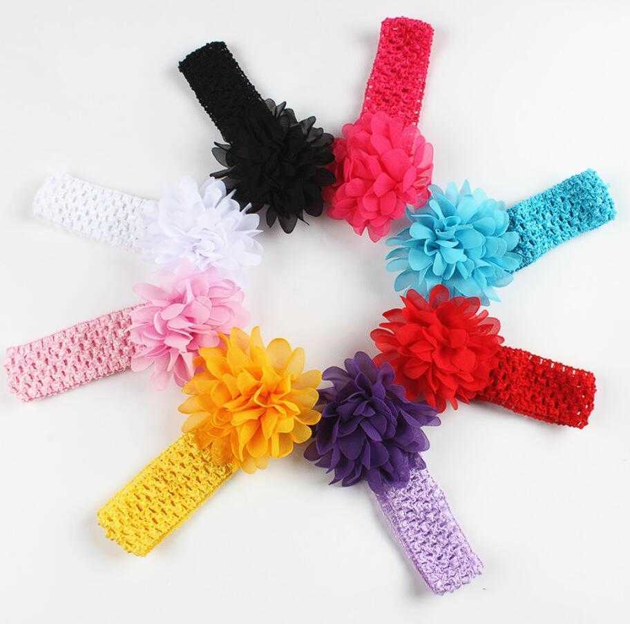 Headwear 50 Pcs Baby Head Flower Hair Accessories 4 Inch Chiffon Flower With Soft Elastic Crochet Headbands Stretchy Hair Band GZ7857