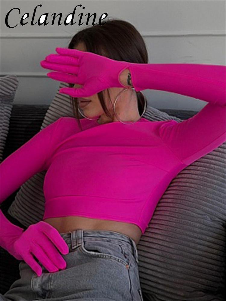 Women's T-Shirt Celandine Casual Long Sleeve O Neck Skinny T Shirt Gloves Y2K Spring Summer Tees Women Sexy Crop Top Pink Club Party Harajuku 230