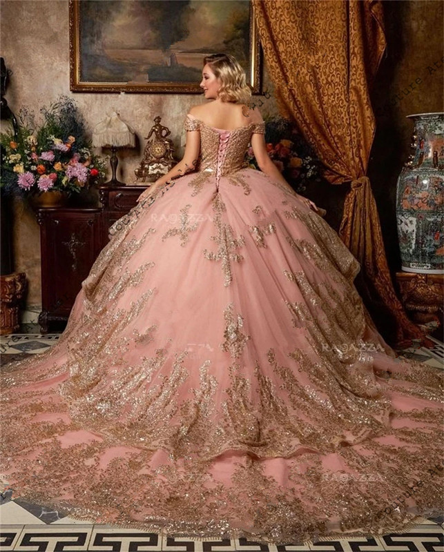 Rose pink Gold Sequin Appliques Quinceanera Dresses Off Shoulder princess Birthday Lace-Up corset Sweet 16 Dresses vestidos