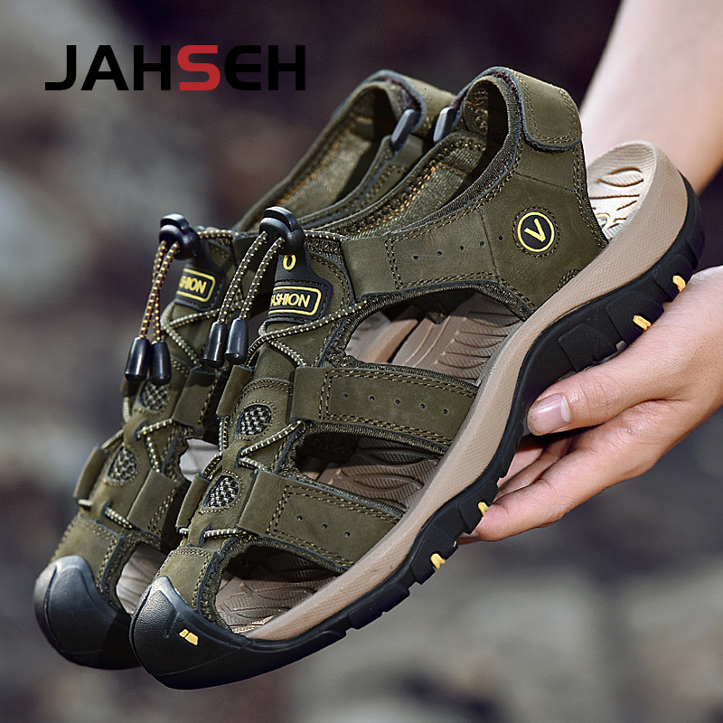 Sandals Pria Ukuran Besar 49 50 Sepatu Pantai Kulit Asli Kasual Musim Panas Gladiator Ujung Kaki Antitabrakan ias 230425