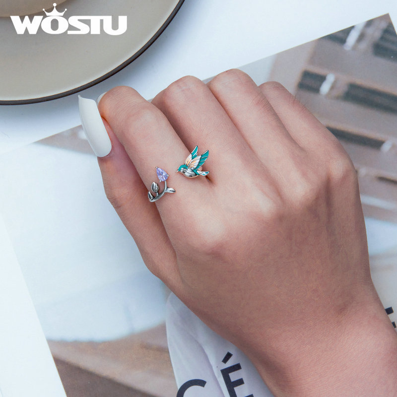 Solitaire Ring WOSTU 100% 925 Sterling Silver Kingfisher Open Ring For Women party Engagement flower bird style ring Fine Jewelry Gifts 230425