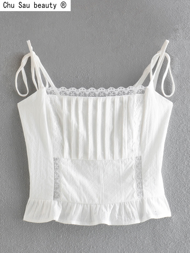 Camisoles Tanks French Vintage Summer Fashion Sexy Slim Camisole Lace Stitching Pleated Solid Color Lace-Up Crop Top For Women 230426
