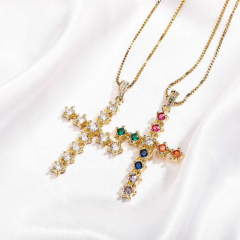 Colorful Full Crystal Spliced Cross Pendant Necklace Iced Out Multi Color Womens Ins Hip Hop Brilliant Starry Sky CZ Stones Jewelry Bijoux Gift For Wo