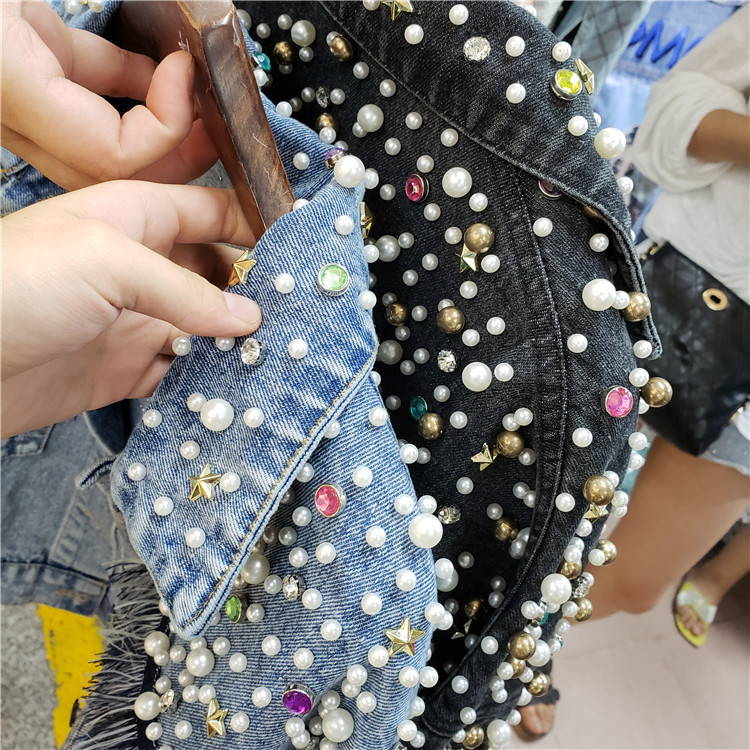 Women's Jackets Retro Heavy Industry Beaded Tassel Jean Jacket Female Spring Short Paragraph Denim Jacket Black Casual Jeans Jackets 230426