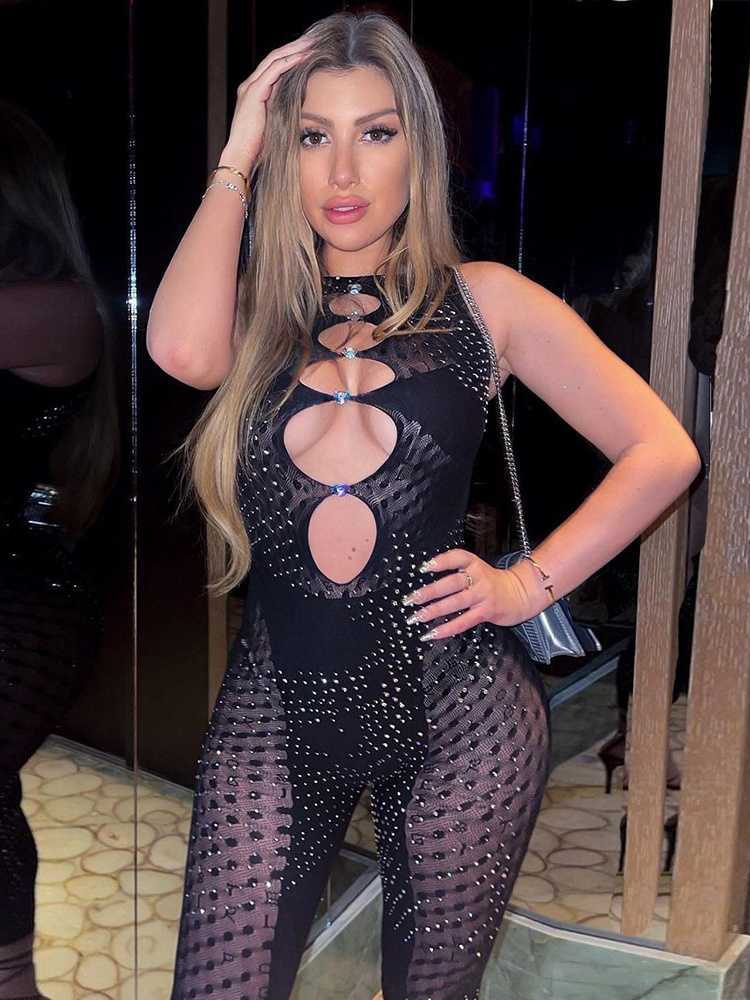 Womens Jumpsuits Rompers Sexy Sleeveless Seethrough Mesh Patchwork Jumpsuit Women 2023 Spring Summer Rhinestones Zipup Party Night Club Bodysuit Blac 