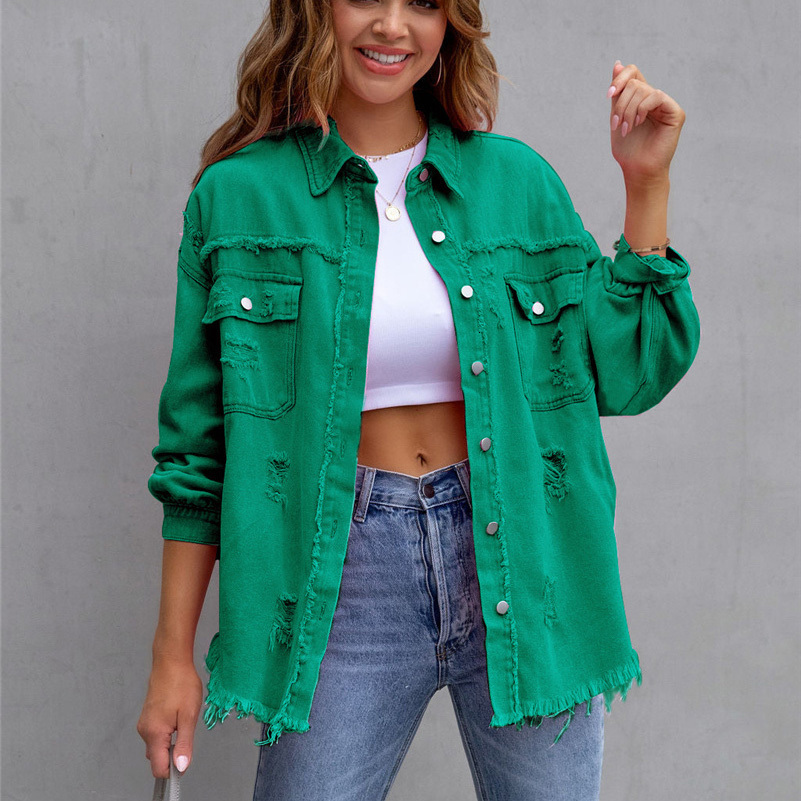 Women's Jackets Fashion Women Loose Denim Jacket Ripped Streetwear Coats Tassel Peach Green Punk Y2K Jackets Orange Pink Jeans Chaqueta 230426