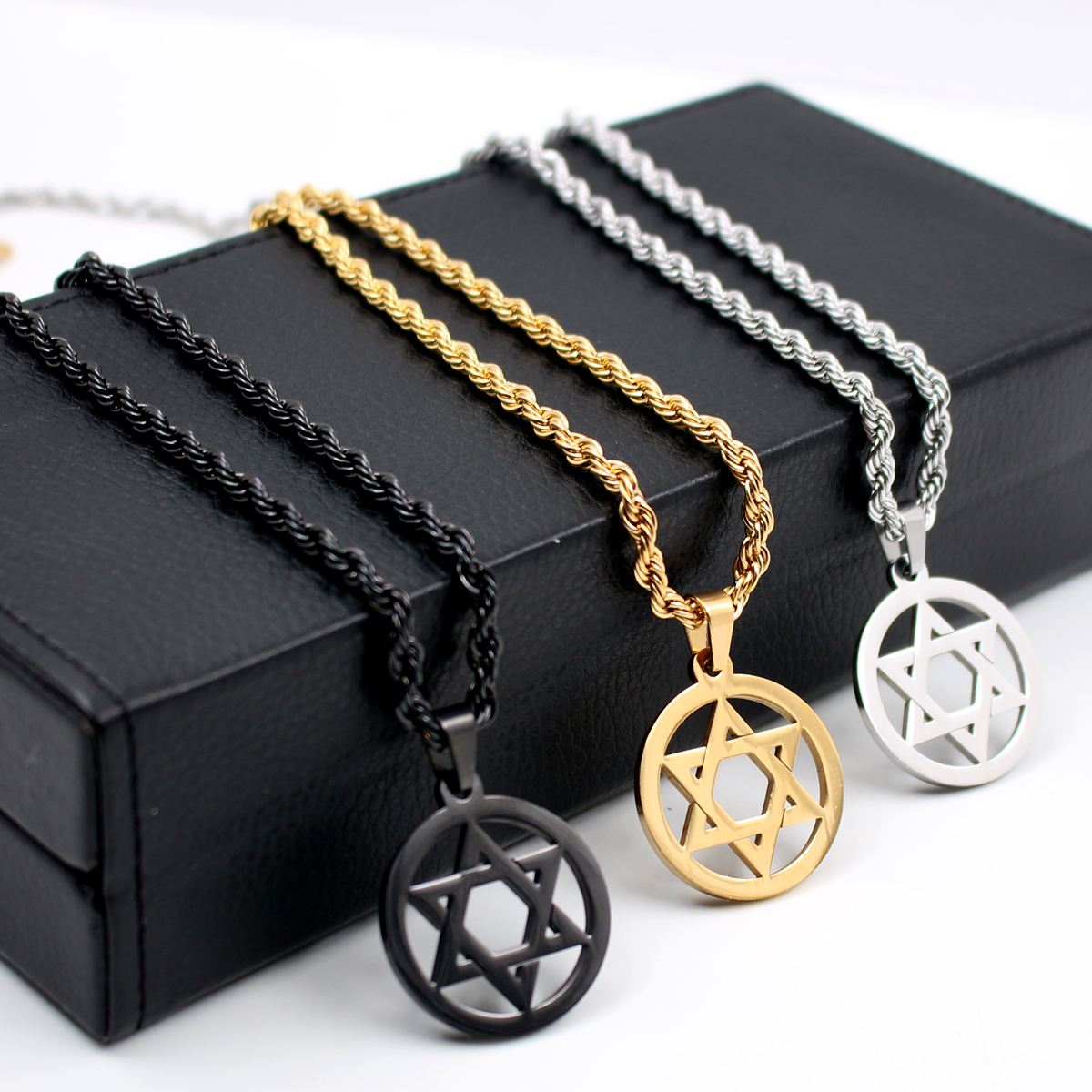 Judaism Jewelry Silver/Gold Hexagram Fashion Stainless steel star of David Pendant Box Chain Necklace Men gifts 24inch