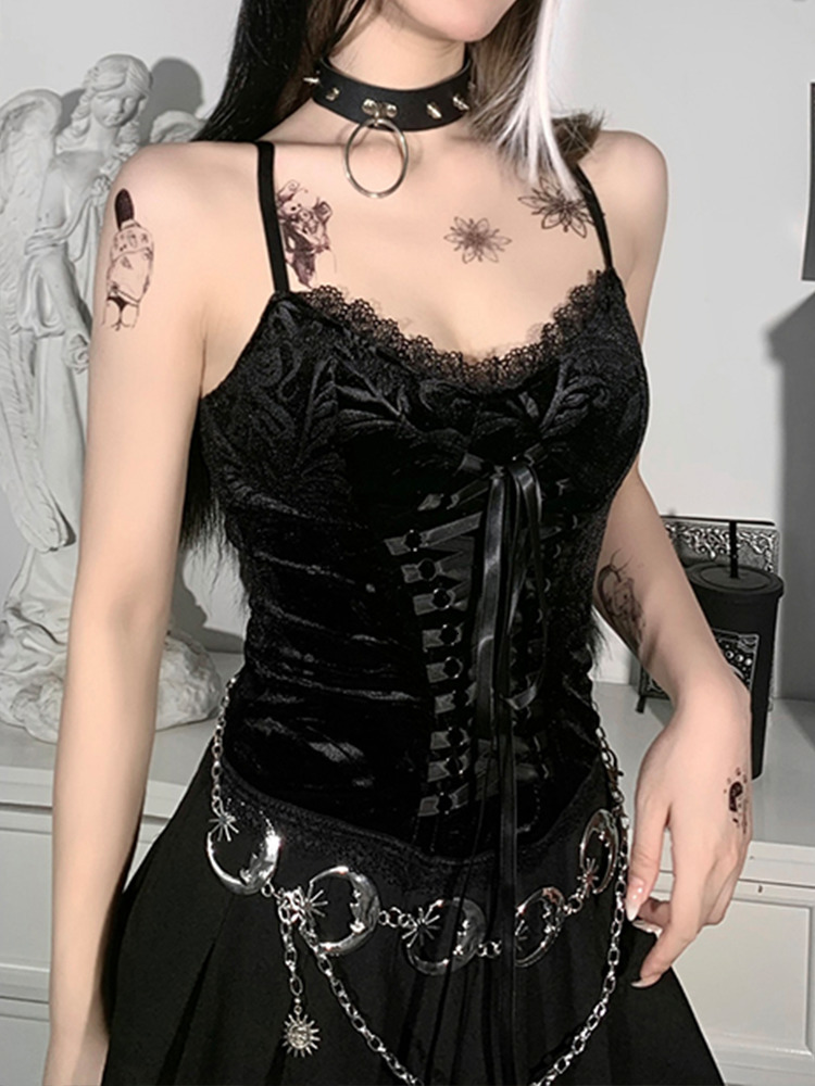 Camisoles Tanks InsGoth Goth Lace-Up Black Camis Vintage Bandage Velvet Corset Tops Gothic Aethetic Lace Trim Women Sexy Backless Basic Camisole 23042