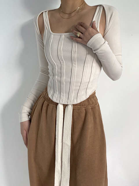 Women's T-Shirt Tossy Women Striped Stitching Slim T-shirt Female 2 In 1 Shrug Set Co-ord Crop Shrug And Corset Tank Tops Set Y2k Streetwear 2304