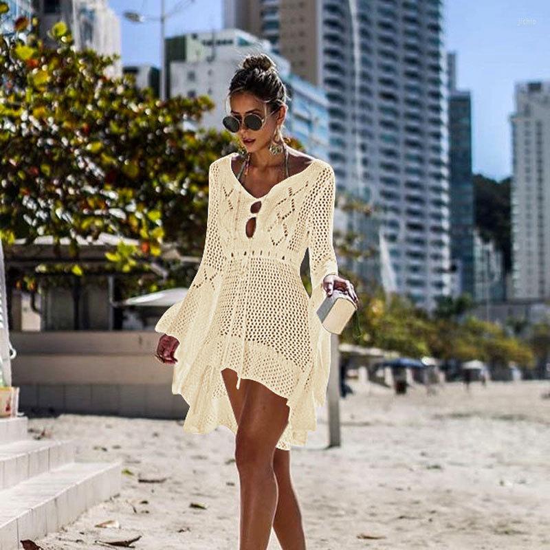 Casual Dresses Swimsuit Knitwear Bell Sleeve Hollow Out Tied Beach Dress Bikini Sun Protective Blouse