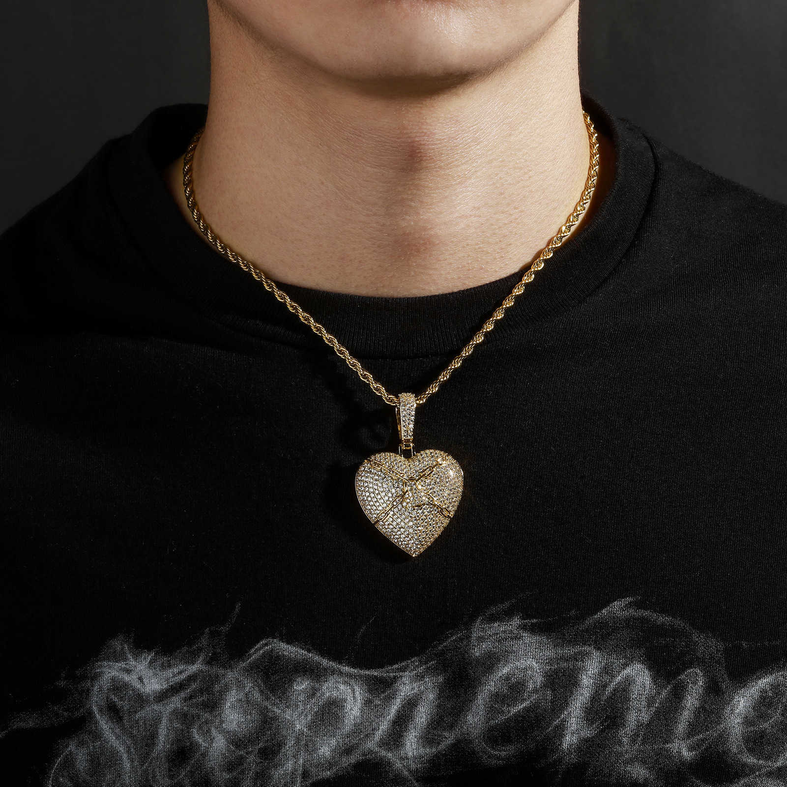 Hip Hop Zirconium Full Lock Love Heart Pendant Necklace Link Chain For Men And Women Rap Fashion Accessories 14k Real Gold Wolf TideJewelry Gemstone B