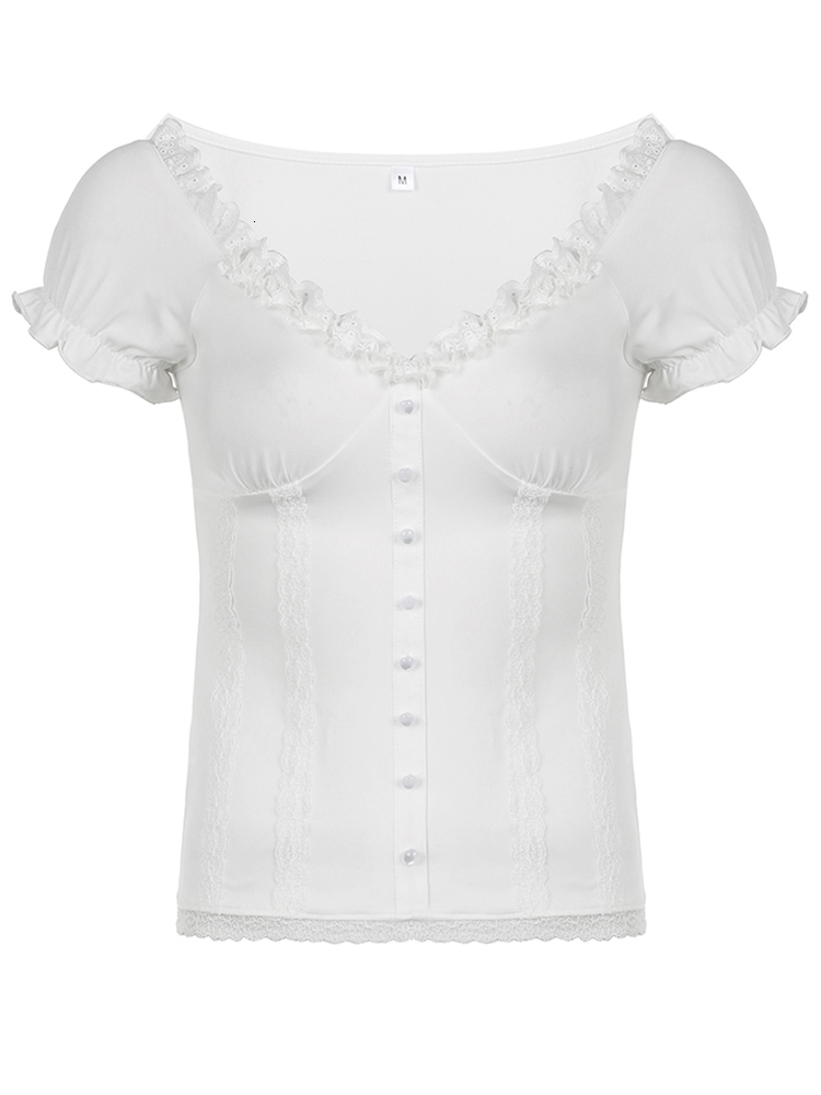 Women's T-Shirt Rapcopter y2k Frill Crop Top Button Short Sleeve Cute Sweet Tee Women Vintage Basic Casual T Shirt Women Summer Chic Korean Tops 