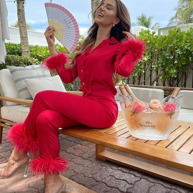 Women's Sleepwear Trendy Women Pajamas Set Autumn Casual Lapel Tops Feather 2Pcs Pants Suits Sexy Lingerie Nightwear Silk Satin Pyjamas pjs Suit 