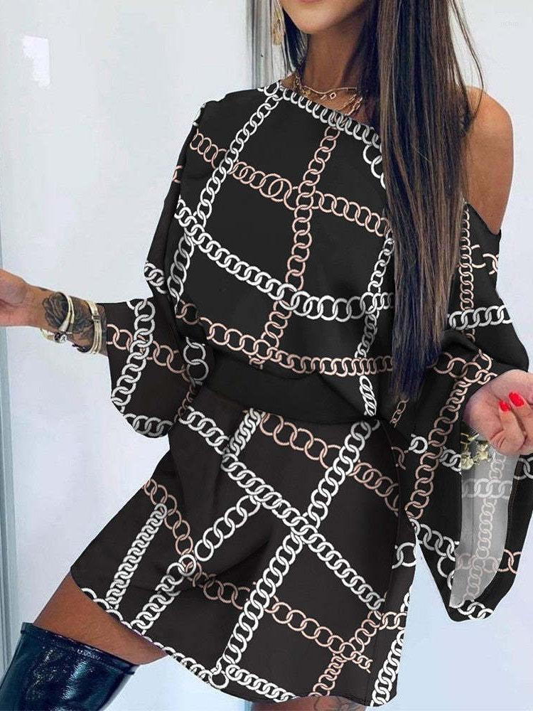 Casual Dresses Ladies Spring Autumn Off Shoulder Sexy Party A-Line Mini Dress 2023 Women Elegant Vintage Print Commute