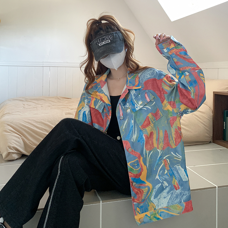 Women's Jackets Spring and Autumn Style Men and Women Couples Colorful Graffiti Workwear Jacket Top Harajuku Tie Dyed Denim Coat Women 230426