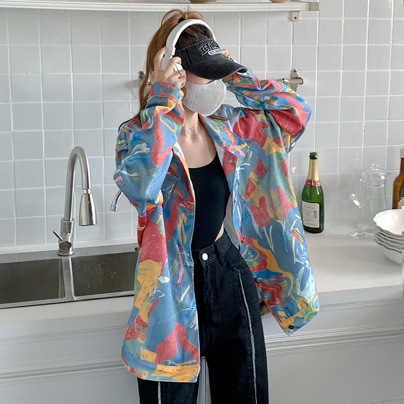 Women's Jackets Spring and Autumn Style Men and Women Couples Colorful Graffiti Workwear Jacket Top Harajuku Tie Dyed Denim Coat Women 230426