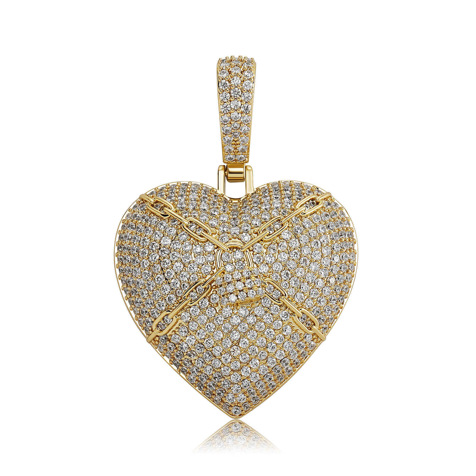 Hip Hop Zirconium Full Lock Love Heart Pendant Necklace Link Chain For Men And Women Rap Fashion Accessories 14k Real Gold Wolf TideJewelry Gemstone B