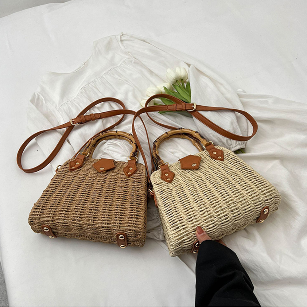 Shopping Bamboo Handle Rattan Handbags Summer Straw Box for Women Fashion Beach Shoulder Crossbody Bag Travel Woven Bags 230426