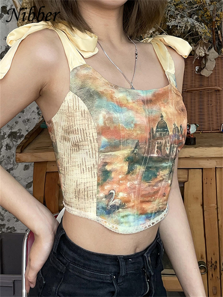 Camisoles Tanks Nibber Fairy Top Y2K Retro Aesthetic Printed Crop Top Women Elegant Bandage Tank Top Skinny Clubwear Camisole Summer Deals 230426