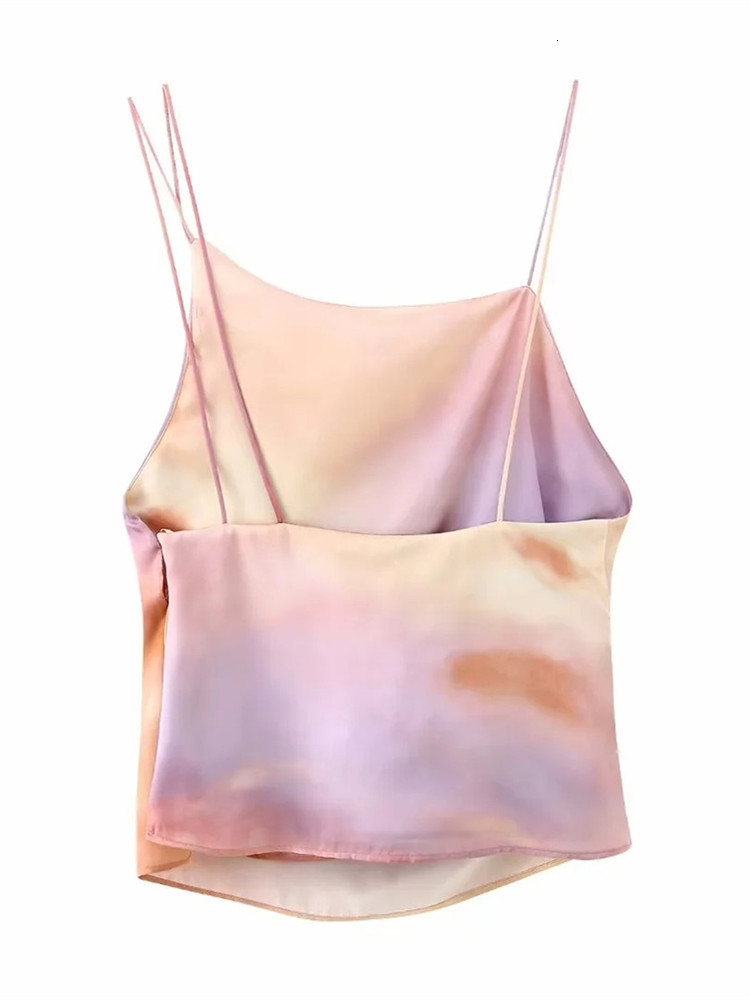 Camisoles Tanks TRAF Print Crop Top Women Asymmetric Satin Cami Top Female Backless Sexy Tops Woman Camisole Sleeveless Summer Tank Tops 230426