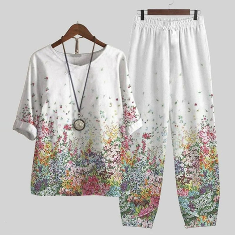 Women's Two Piece Pants Women Vintage Two Piece Set Summer Casual O Neck Flower Print Short Sleeve Shirt High Waist Loose Pants Suit Female Outfi