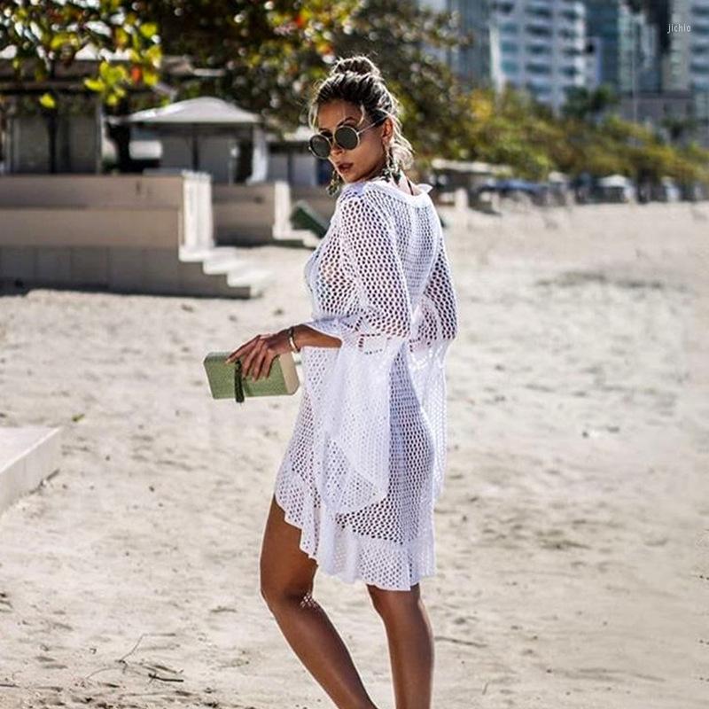 Casual Dresses Swimsuit Knitwear Bell Sleeve Hollow Out Tied Beach Dress Bikini Sun Protective Blouse