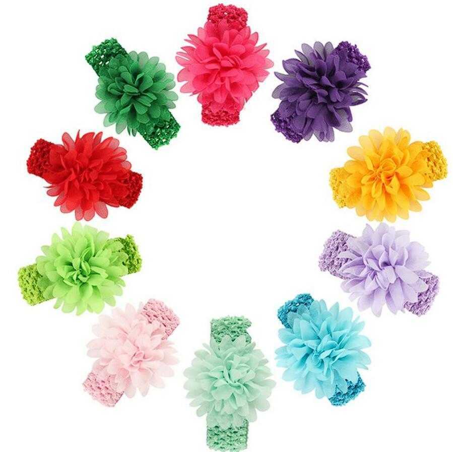 Headwear 50 Pcs Baby Head Flower Hair Accessories 4 Inch Chiffon Flower With Soft Elastic Crochet Headbands Stretchy Hair Band GZ7857
