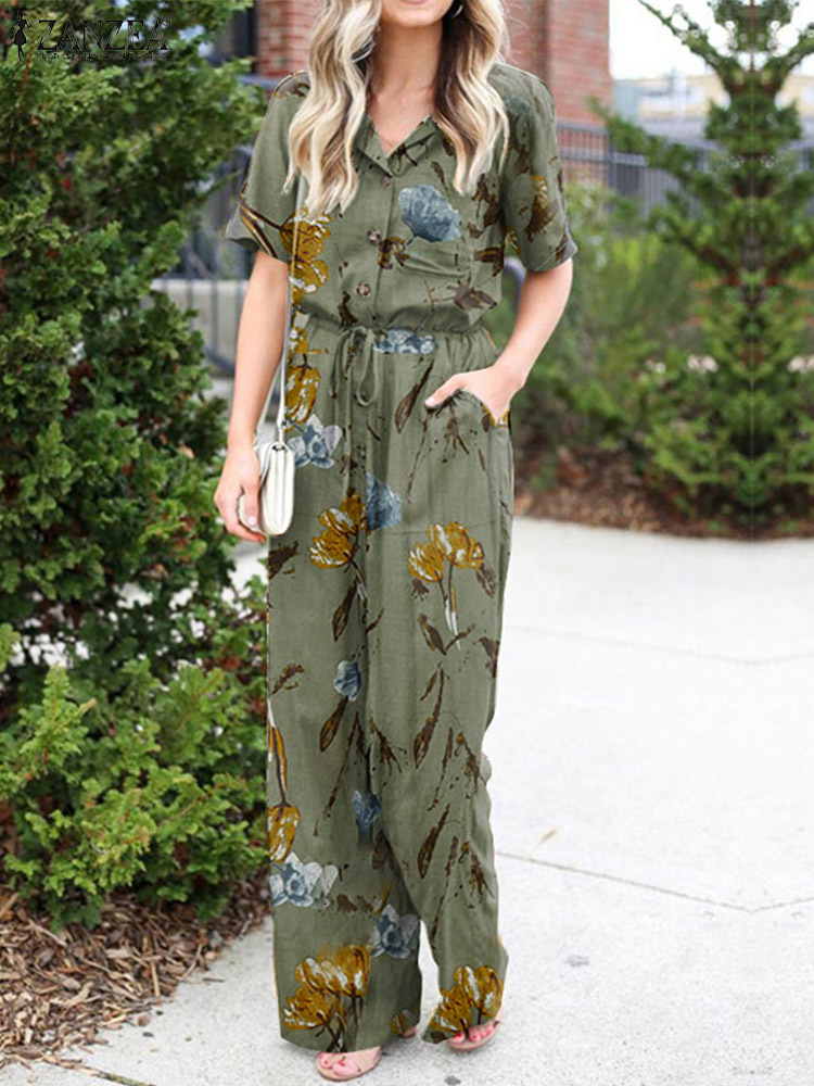 Women's Jumpsuits Rompers ZANZEA Summer Floral Print Jumpsuits Women Wide Leg Overalls Lapel Neck Short Sleeve Long Rompers Loose Vintage Casual 