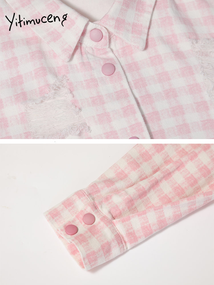 Women's Jackets Yitimuceng Plaid Jean Jacket for Women Fashion Streetwear Ripped Long Sleeve Denim Jacket Women Chic Detachable Coats 230426