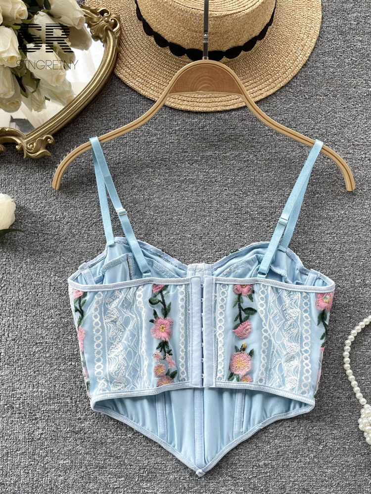 Camisoles Tanks SINGREINY Floral Embroidery Lace Sexy Camisole Fashion Women Backless Blue French Y2K Female Summer Beach Style Crop Tops 230426