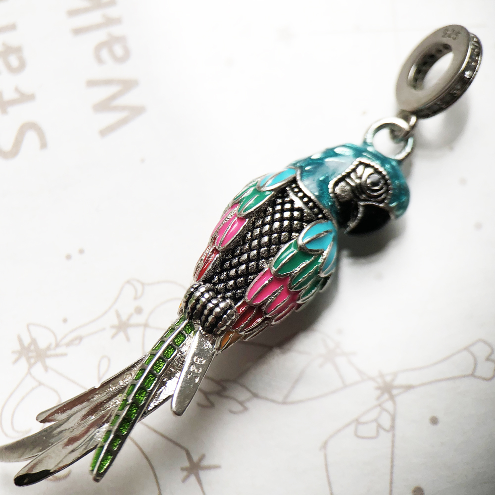 Charms Colorful Striking Parrot Pendant 925 Sterling Silver Dangle Charm Women Fine Jewelry 230425