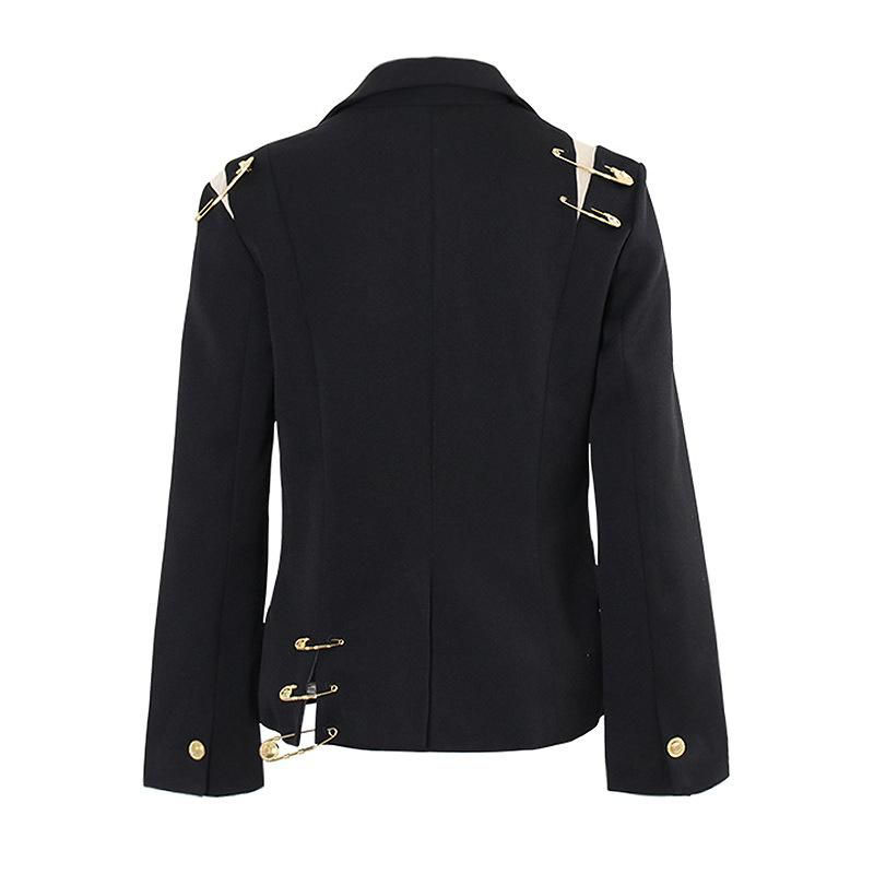 Women's Suits Hollow Out Blazer For Women Lapel Long Sleeve Golden Pins Accessories Split Slim Black Blazers Female 2023 Fashion Style