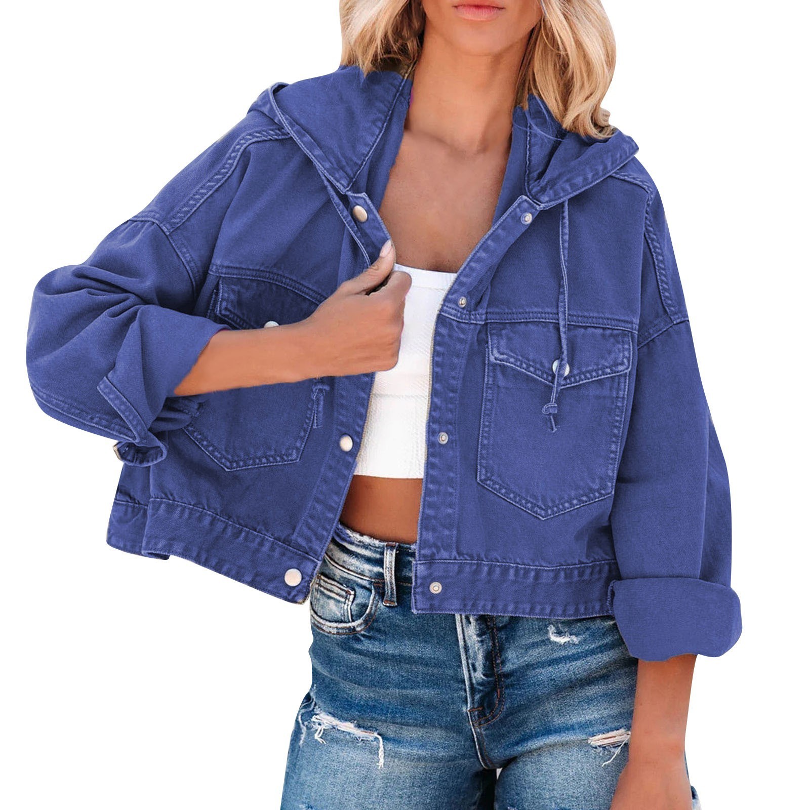Women's Jackets Casual Solid Hooded Denim Jacket Women Turndown Neck Long Sleeve Front Pocket Jackets Retro Button Jeans Coat Female Streetwear 2