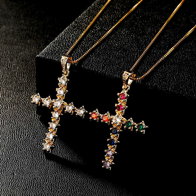 Colorful Full Crystal Spliced Cross Pendant Necklace Iced Out Multi Color Womens Ins Hip Hop Brilliant Starry Sky CZ Stones Jewelry Bijoux Gift For Wo