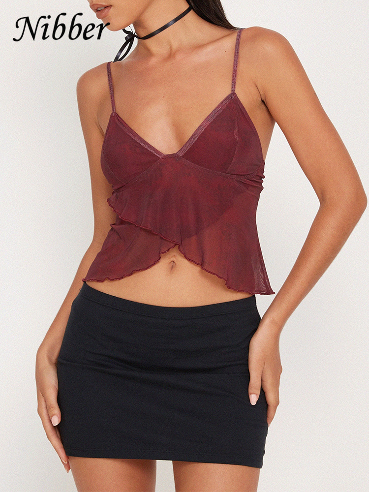 Camisoles Tanks Nibber Mesh See Through Printed Vest Women Sexy Casual V-neck Sleeveless Suspender Camisole Patchwork Tank Top Streetwear 230426