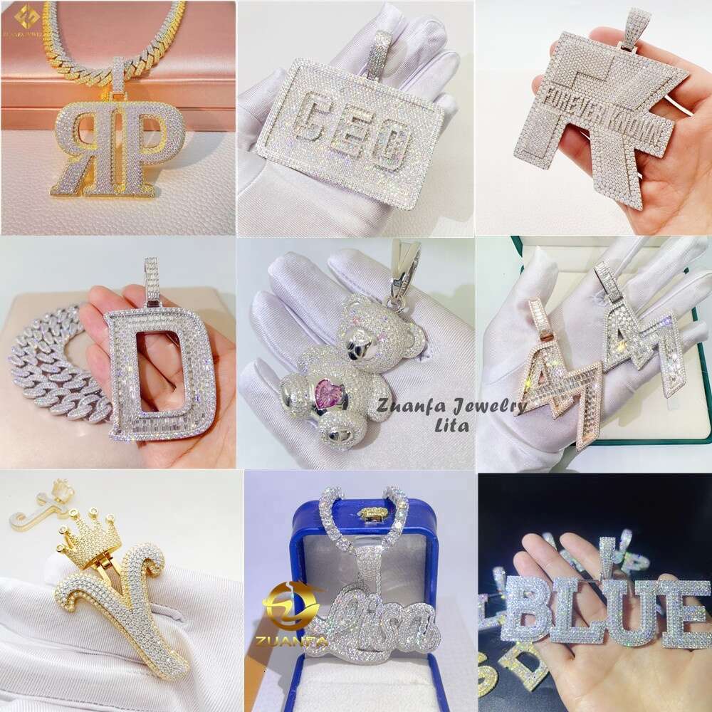 Iced Out Jewelry Moissanite Diamonds Custom Necklace Pendant Initial Hip Hop 925 Silver Custom Pendant