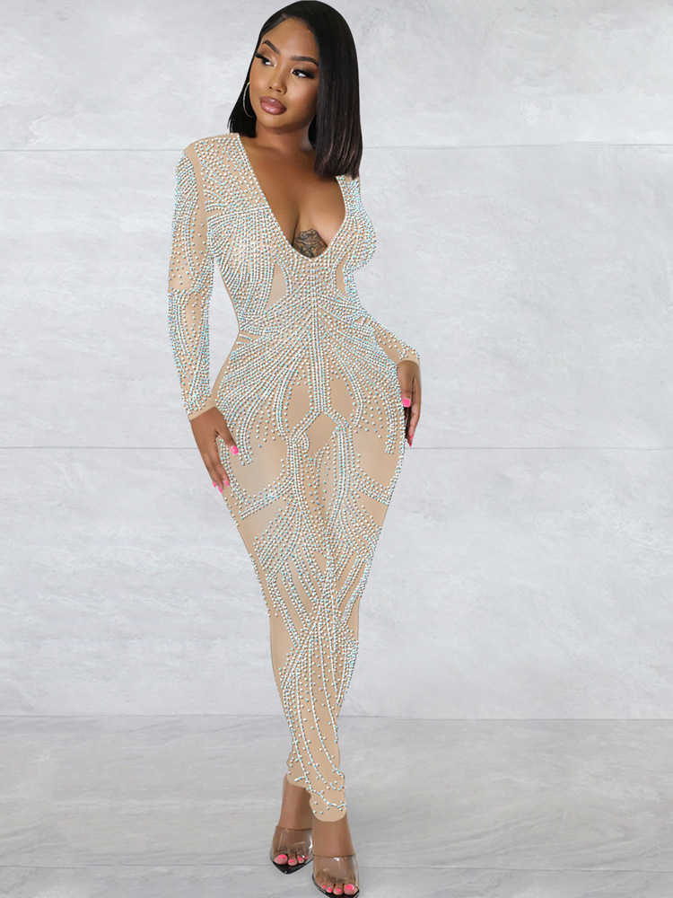 Womens Jumpsuits Rompers Beyprern Sparkle Black Silver Rhinestones V Neck Sheer Jumpsuits Women Glitter Long Sleeve Mesh Crystal Romper Nightclub Outf