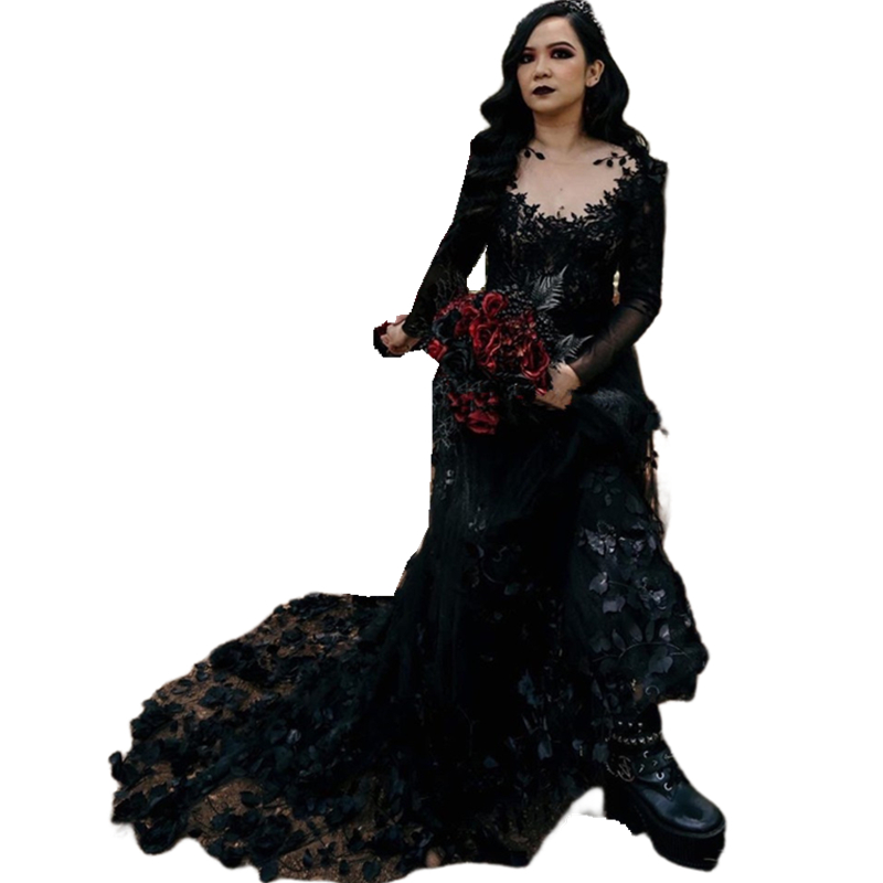 Gothic Black Floral Appliques A-Line Wedding Dresses Long Sleeves Sheer Neck Garden Bridal Gowns Lace Tulle Vintage Vestido De Novia 2023